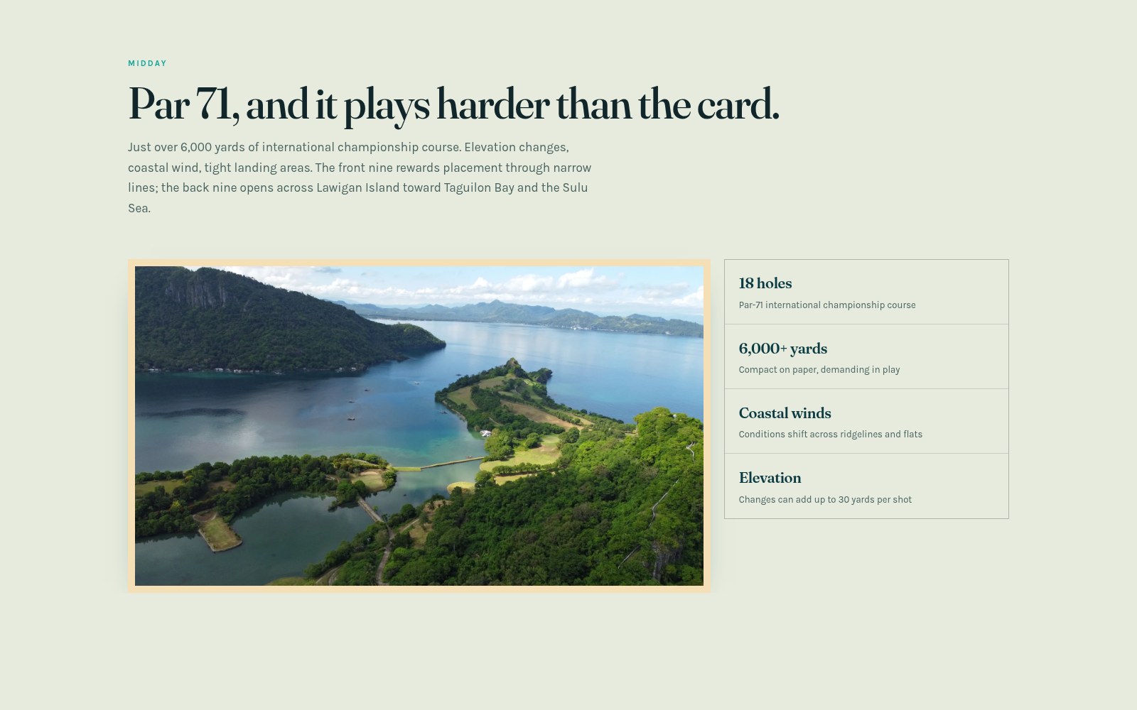 Concept golf section: the headline "Par 71, and it plays harder than the card" above an aerial photograph of the course beside a stack of course-fact cards.