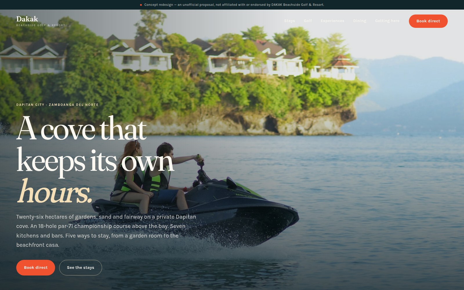 Concept home page: a full-bleed cove photograph behind the headline "A cove that keeps its own hours", with a banner across the top marking it as an unofficial concept.