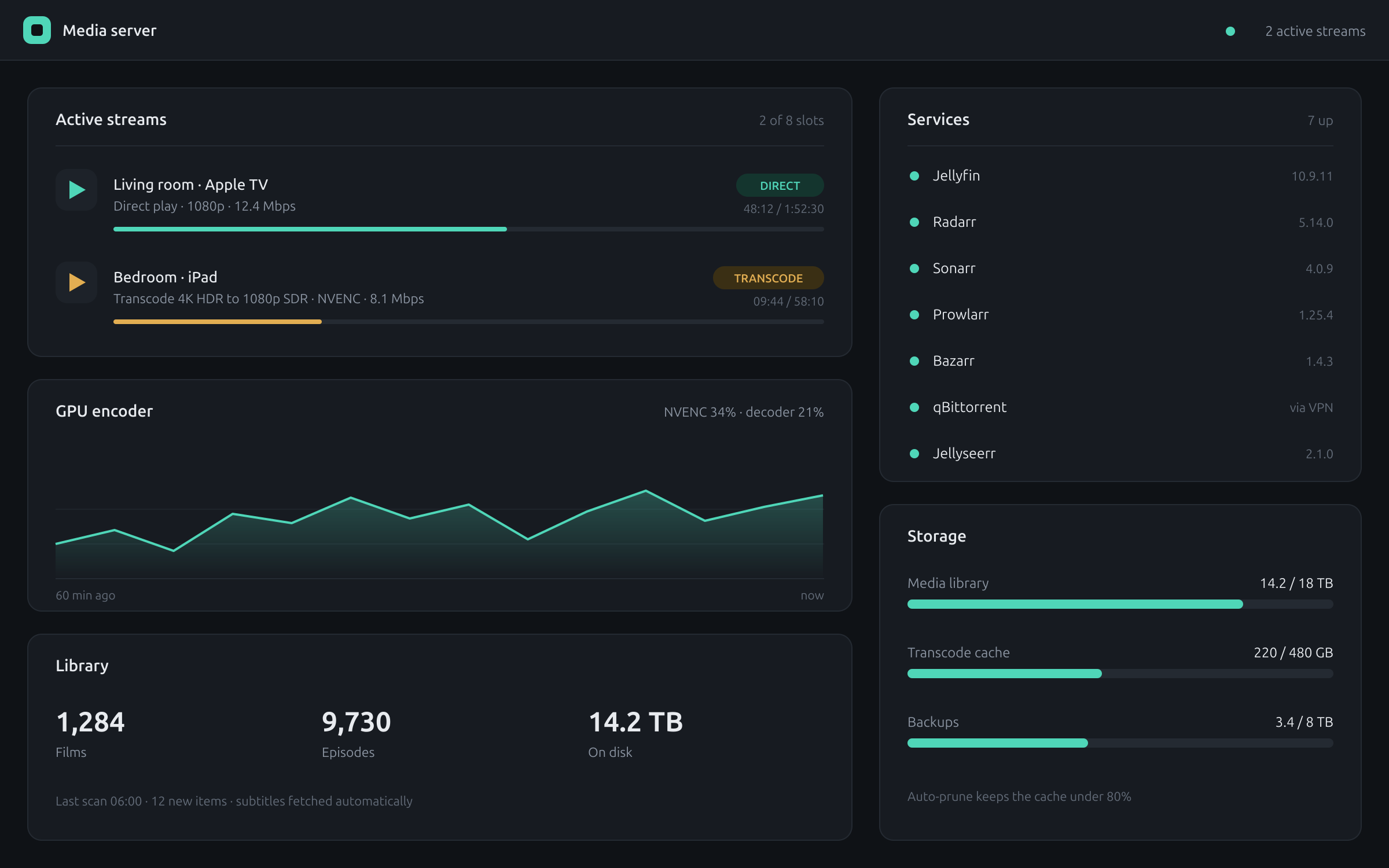 Media server operations view: active streams with transcode status, GPU encoder load, library size and storage use.