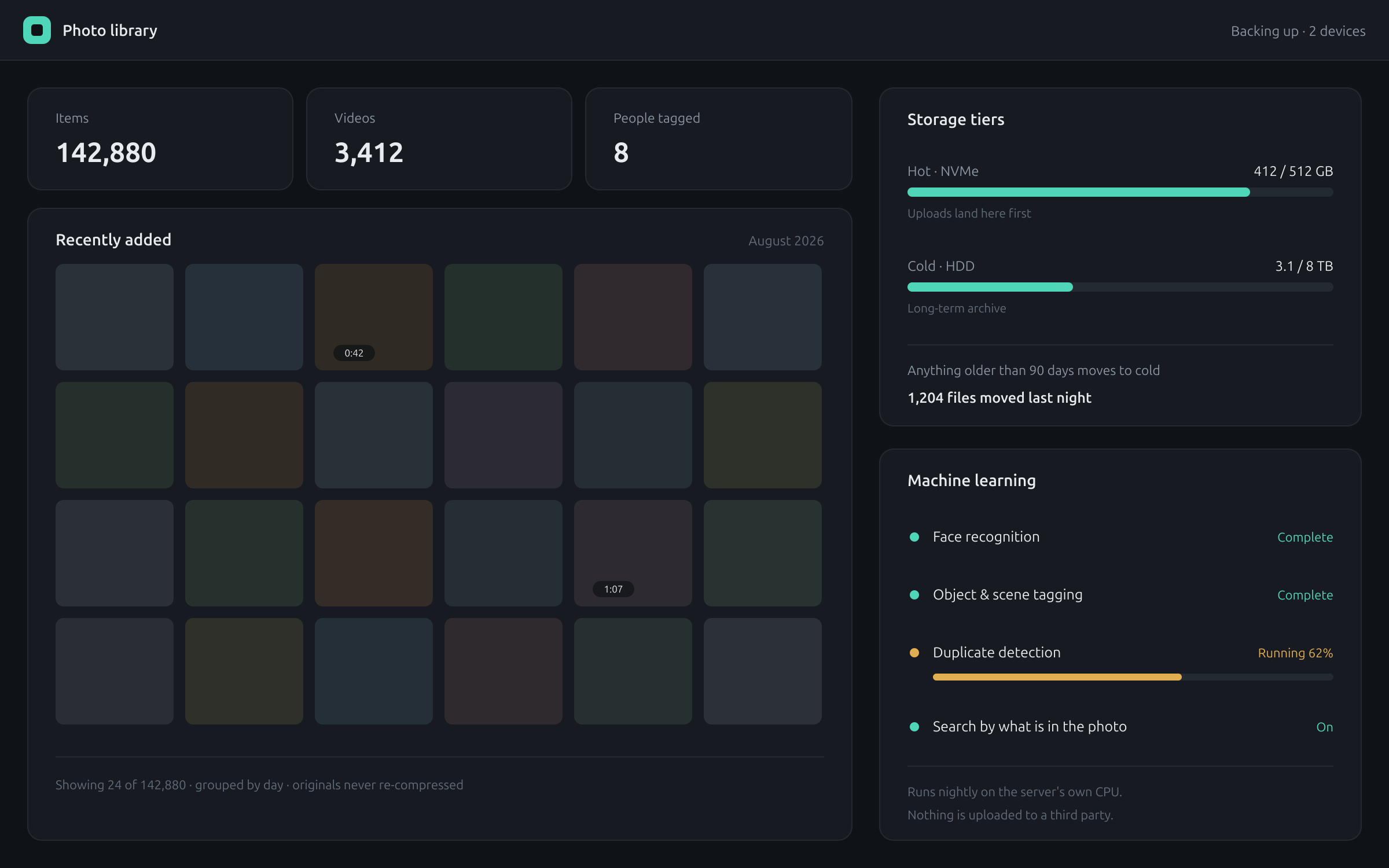 Photo library dashboard: recently added grid, hot and cold storage tiers, and machine-learning job status.