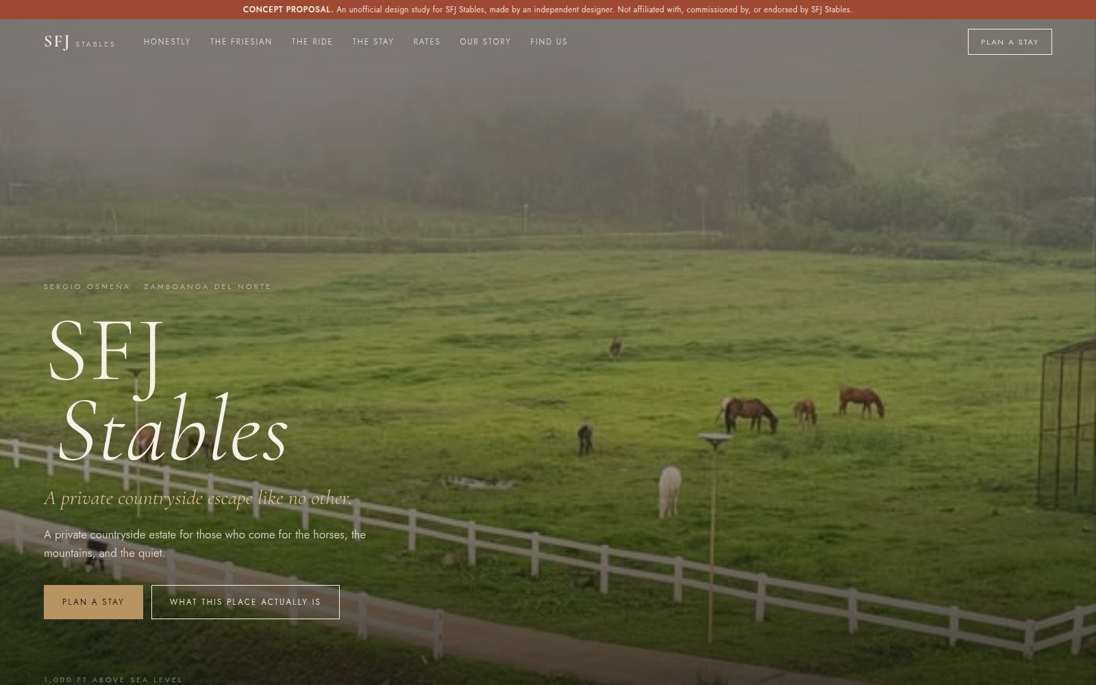 Concept home page: mist lying over the paddocks behind the wordmark "SFJ Stables" and the line "A private countryside escape like no other", with a banner across the top marking it as an unofficial concept.
